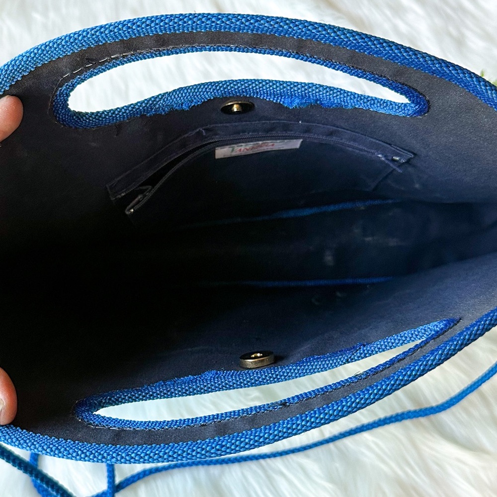 Vintage Vanessa Wicker Woven Purse Blue Half Circle Moon Beach Bag Tote Clutch - Picture 5 of 8